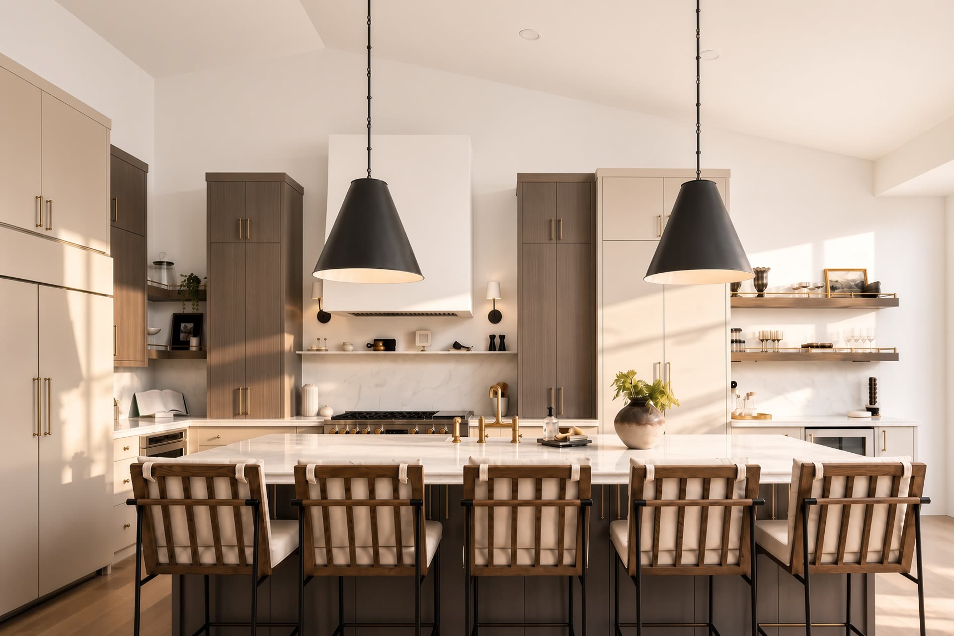 Gourmet kitchen with a marble island, black pendants, and cream millwork in desert light. Across the Room, Paradise Valley, Desert Dwelling.