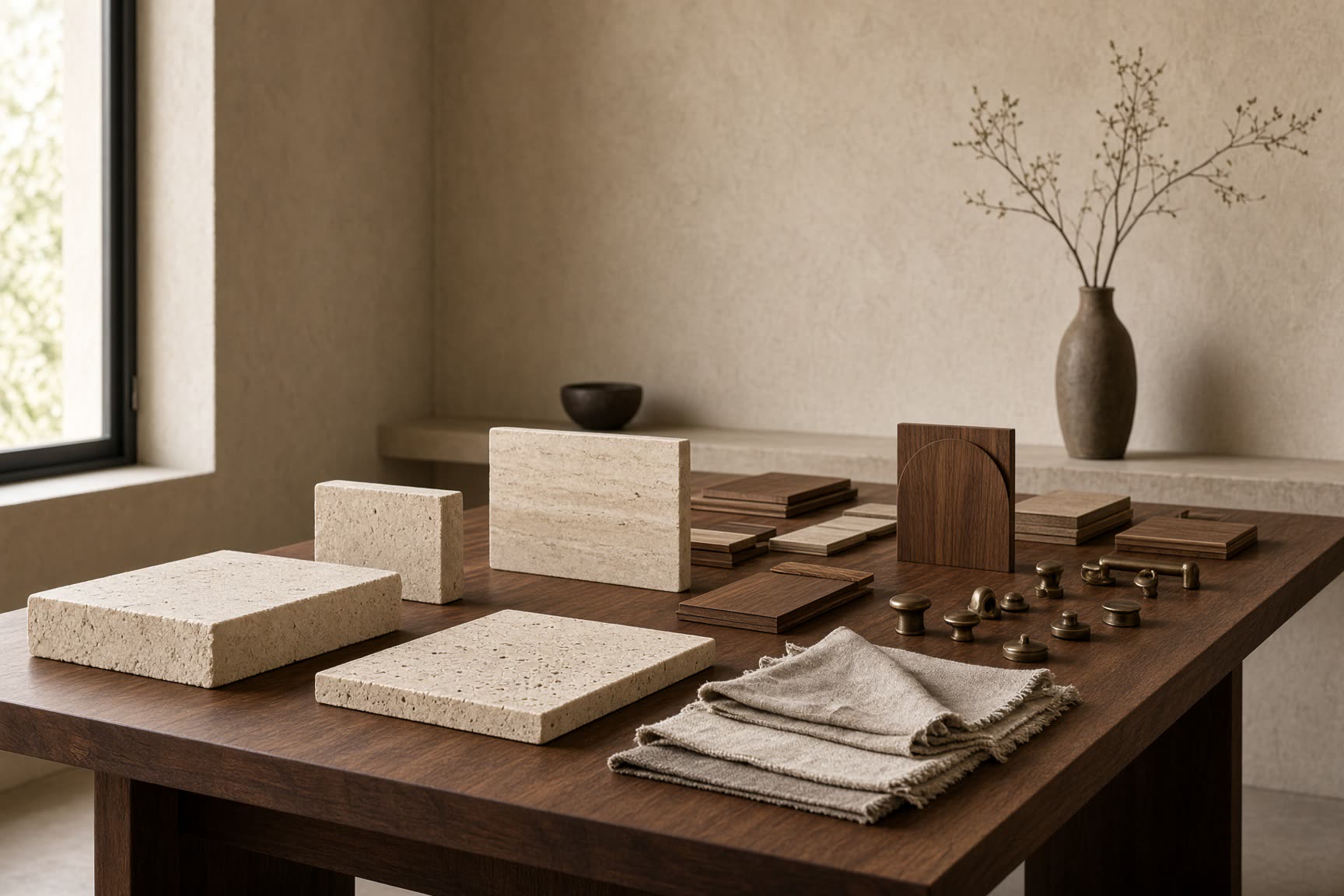 A materials table of limestone, walnut, linen, and bronze in the Desert Dwelling atelier.