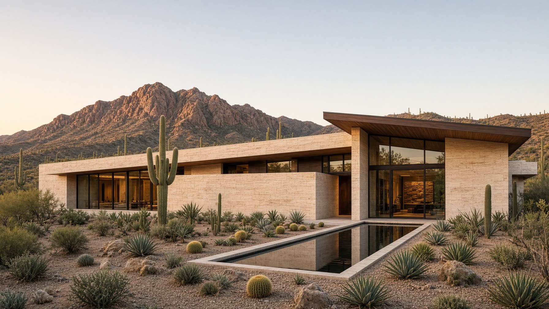 A long limestone pavilion in Paradise Valley with a linear reflecting pool and desert mountains beyond. Custom Homes, Scottsdale, Desert Dwelling.