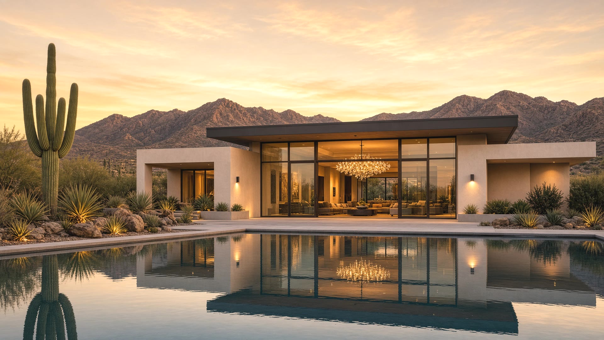 A cream desert-modern pavilion at golden hour, a still pool, and mountains beyond. Desert Dwelling luxury custom homes, Scottsdale.