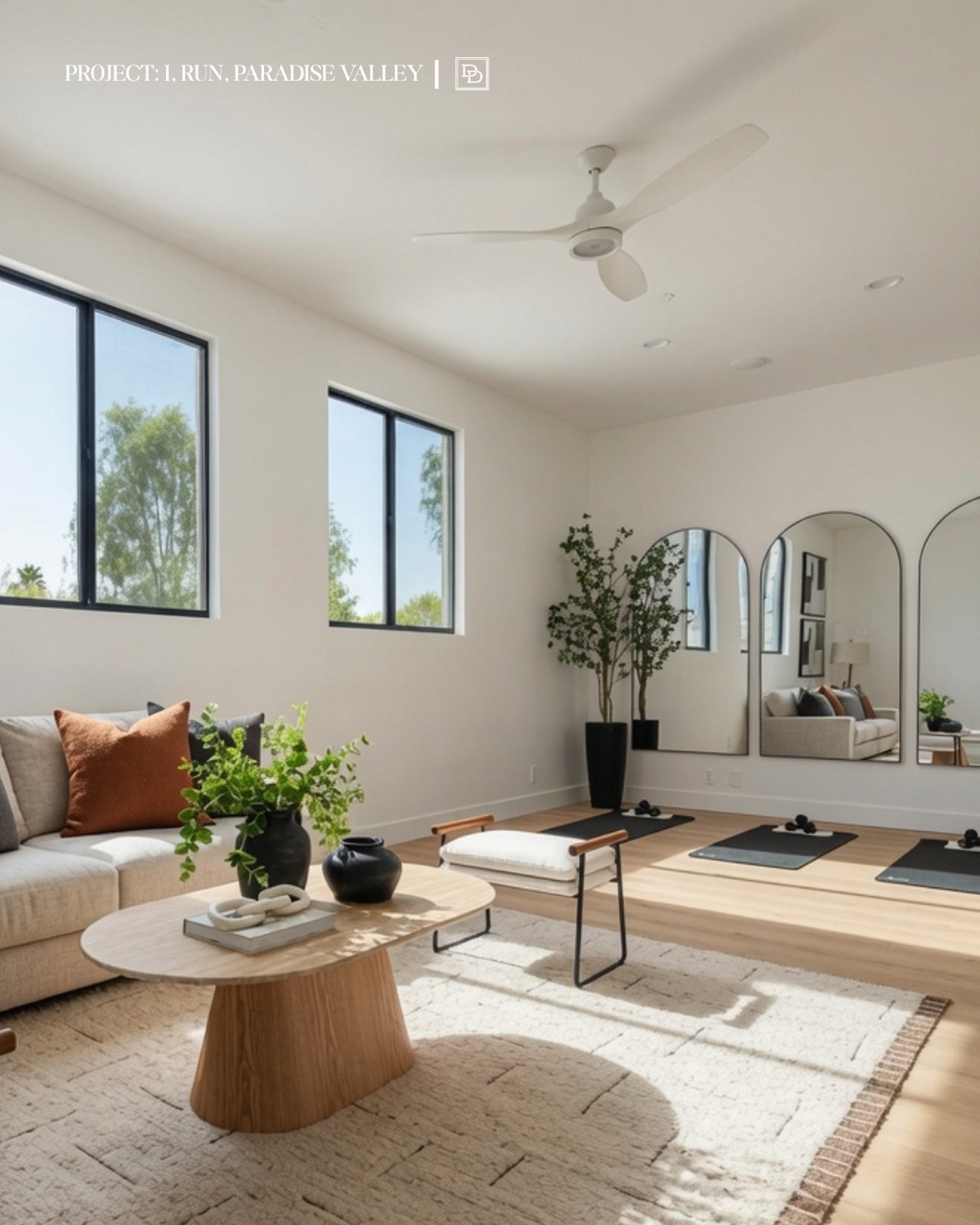 The primary suite, white and quiet, opening to a bay of garden light. I, Run, Paradise Valley, Desert Dwelling.