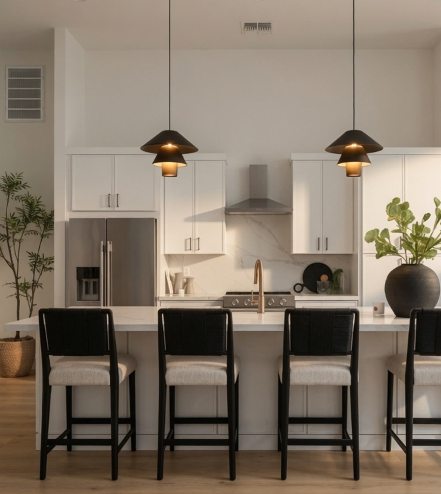 The casita kitchen — white millwork, a marble island, and black pendants. I, Run, Paradise Valley, Desert Dwelling.
