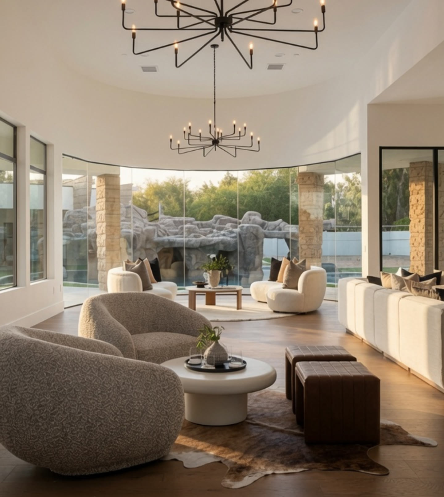 The circular great room with sculptural chandeliers and curved glass to the garden. I, Run, Paradise Valley, Desert Dwelling.