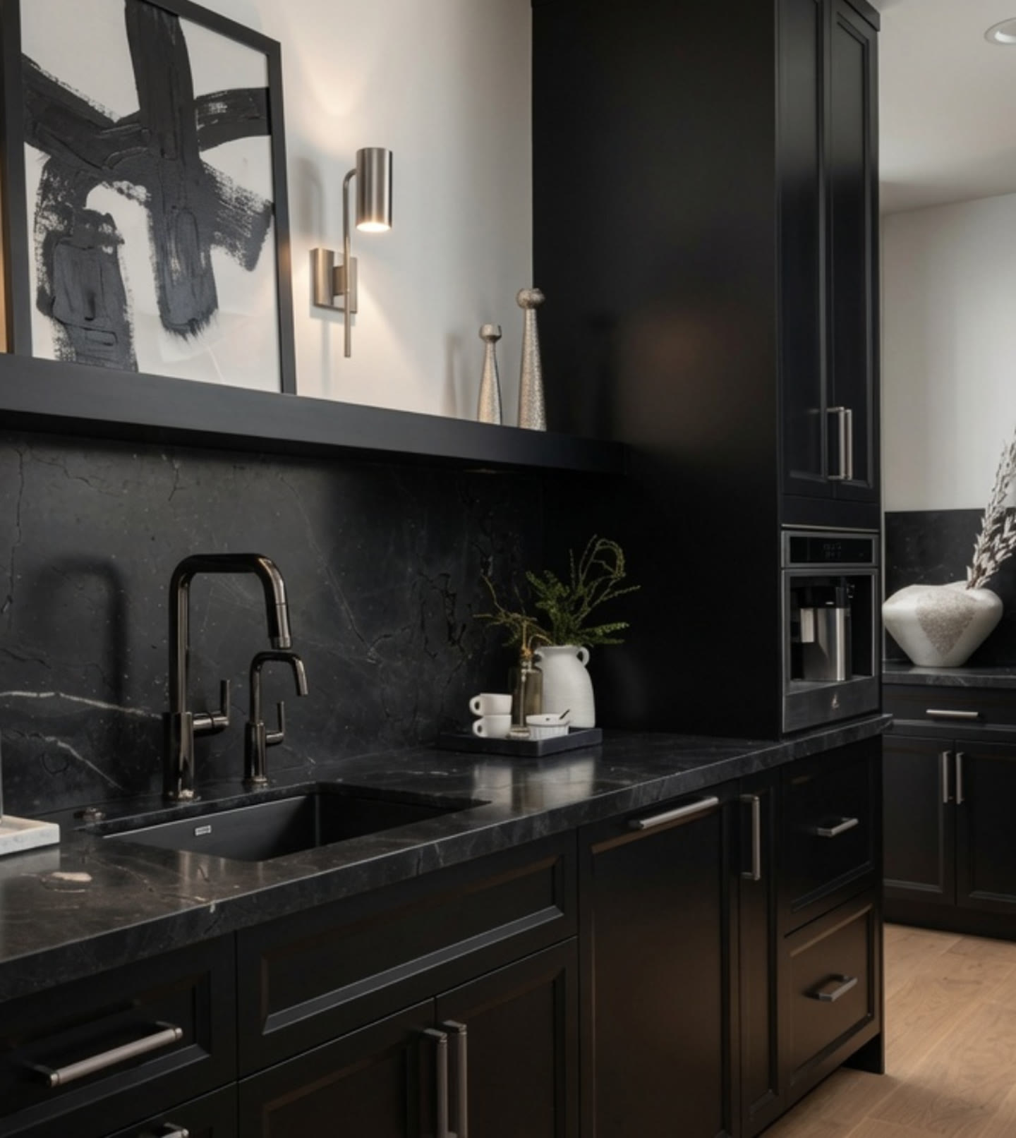 A black marble butler's pantry with tall millwork and a coffee station. I, Run, Paradise Valley, Desert Dwelling.