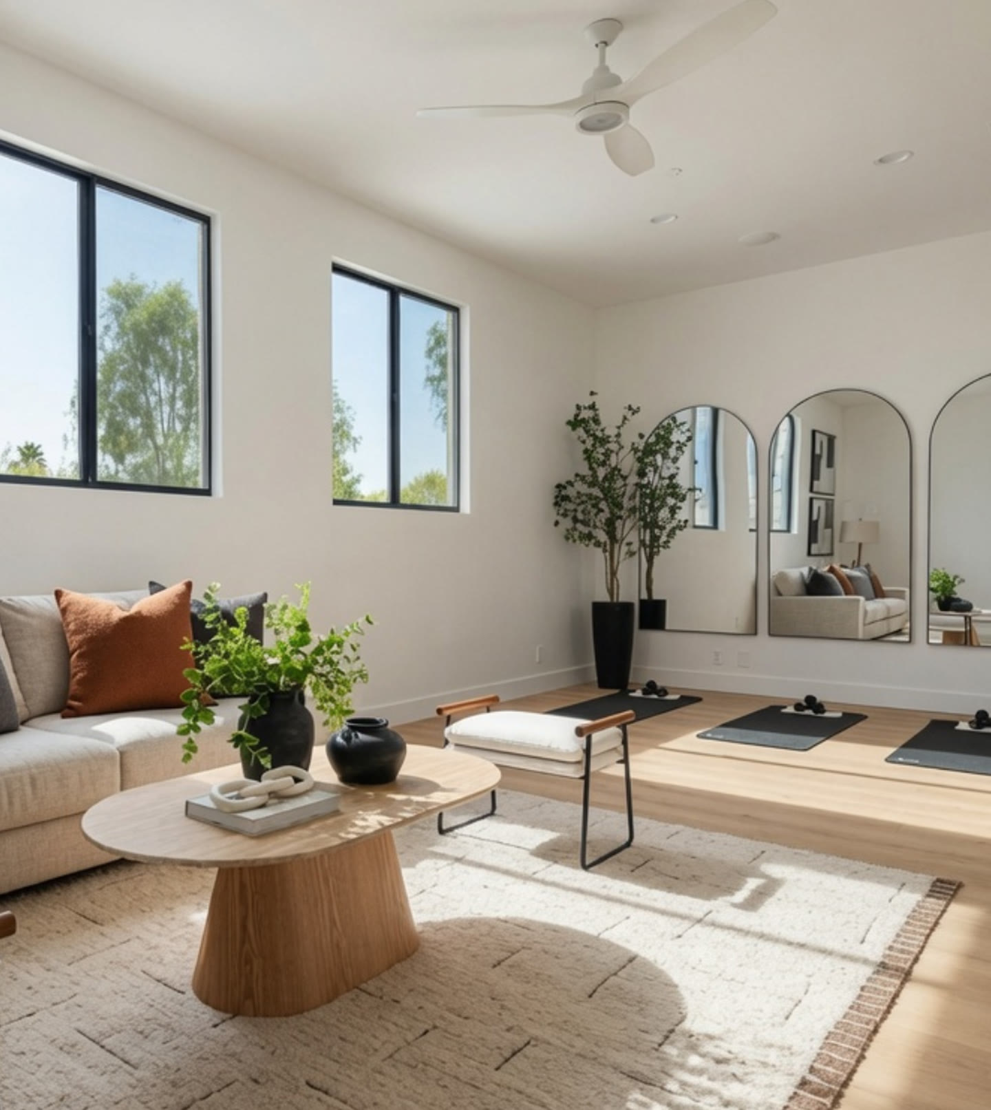 The yoga studio with arched mirrors, oak floors, and desert light. I, Run, Paradise Valley, Desert Dwelling.