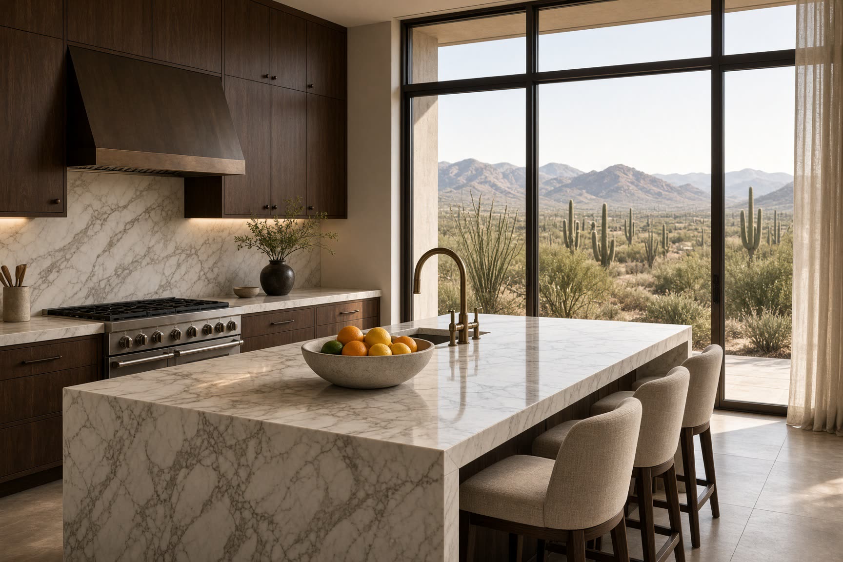 A gourmet kitchen of walnut, marble, and bronze opening to the Sonoran desert. Remodel, Scottsdale, Desert Dwelling.