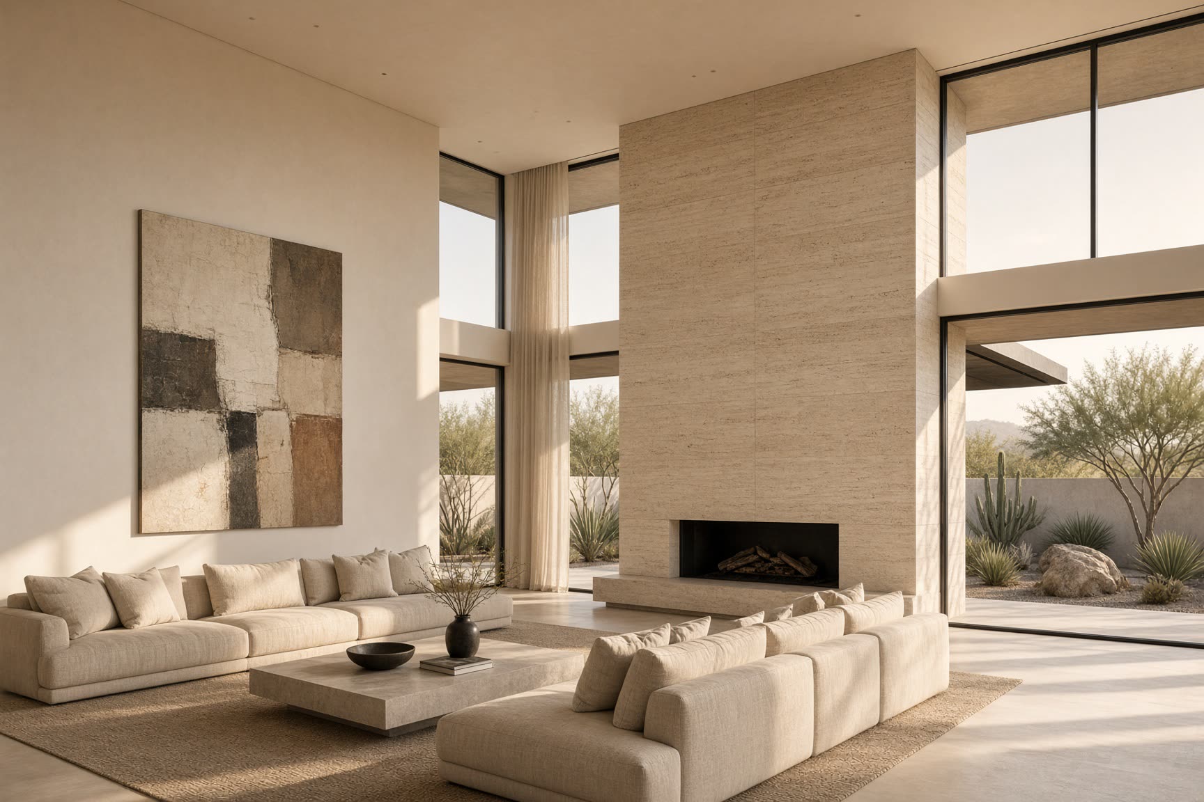 A double-height living room with a stone fireplace, linen seating, and glass to a desert courtyard. Interior Design, Scottsdale, Desert Dwelling.