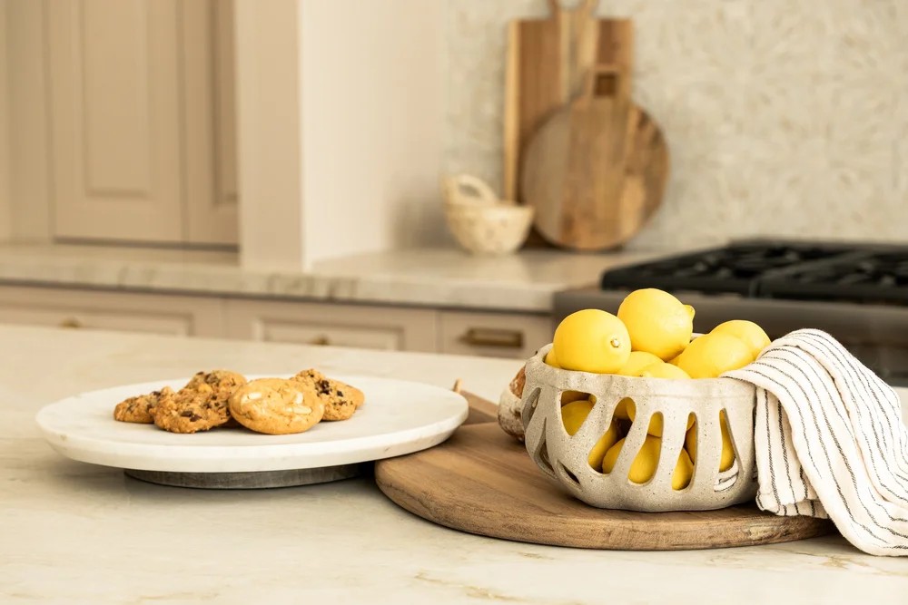 Lemons and cookies on the marble island. Tuckey, Scottsdale, Desert Dwelling.