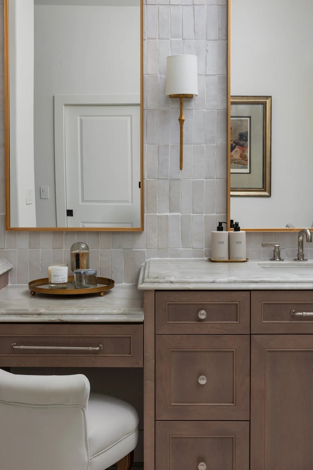 Vanity detail: zellige tile, a gilt sconce, and marble. Tuckey, Scottsdale, Desert Dwelling.